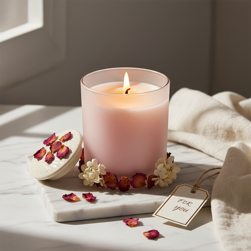 Luxurious floral scented soy candle in elegant glass vessel with rose and peony fragrance