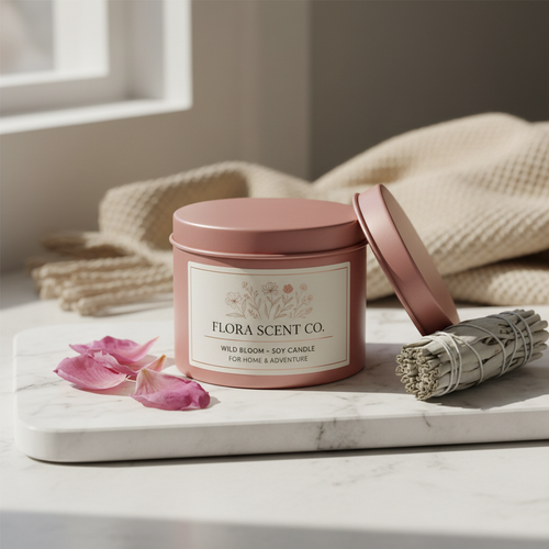 Compact floral scented travel tin candle in matte blush pink tin with elegant label